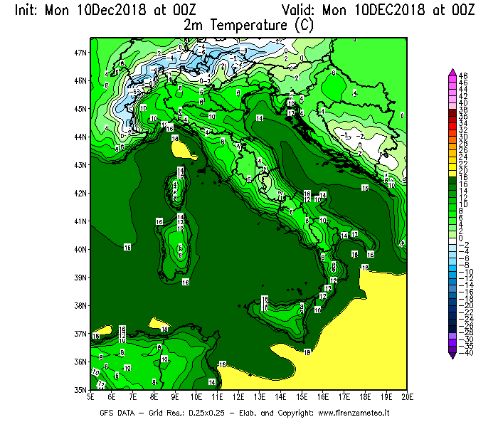 Mappa di analisi GFS - Temperatura a 2 metri dal suolo [°C] in Italia
							del 10/12/2018 00 <!--googleoff: index-->UTC<!--googleon: index-->
