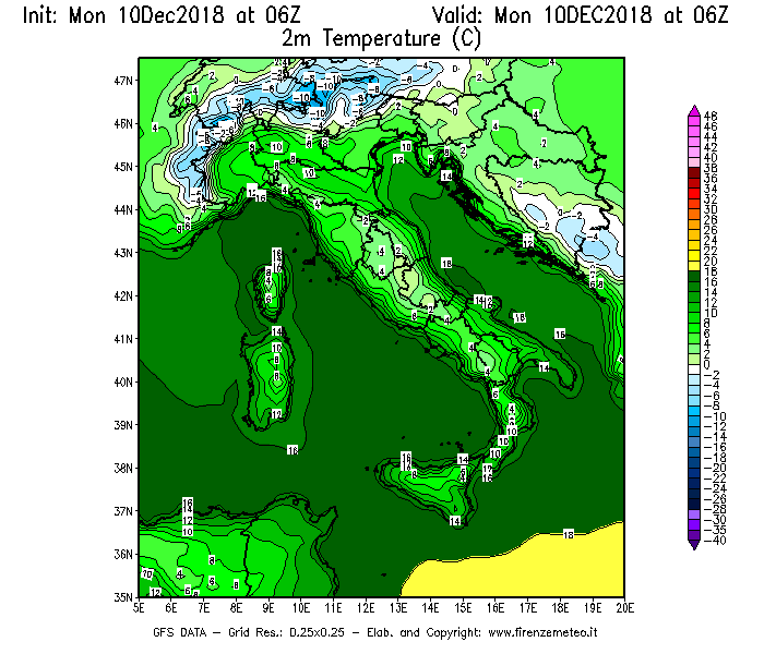 Mappa di analisi GFS - Temperatura a 2 metri dal suolo [°C] in Italia
									del 10/12/2018 06 <!--googleoff: index-->UTC<!--googleon: index-->