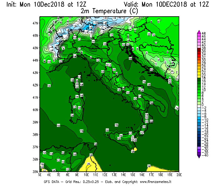 Mappa di analisi GFS - Temperatura a 2 metri dal suolo [°C] in Italia
									del 10/12/2018 12 <!--googleoff: index-->UTC<!--googleon: index-->