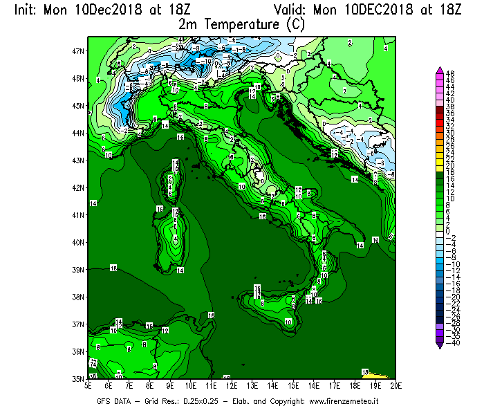 Mappa di analisi GFS - Temperatura a 2 metri dal suolo [°C] in Italia
							del 10/12/2018 18 <!--googleoff: index-->UTC<!--googleon: index-->