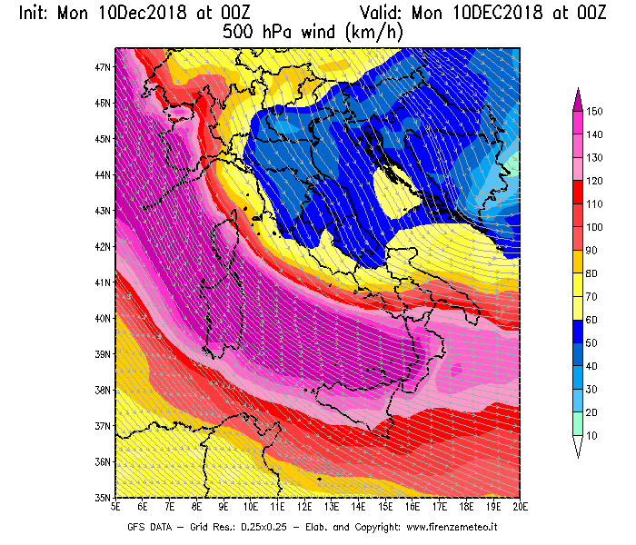 Mappa di analisi GFS - Velocità del vento a 500 hPa [km/h] in Italia
							del 10/12/2018 00 <!--googleoff: index-->UTC<!--googleon: index-->