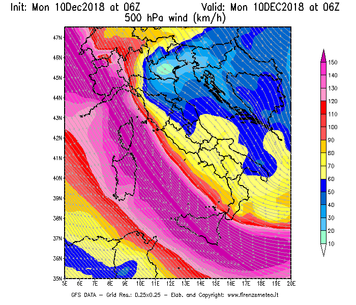 Mappa di analisi GFS - Velocità del vento a 500 hPa [km/h] in Italia
							del 10/12/2018 06 <!--googleoff: index-->UTC<!--googleon: index-->