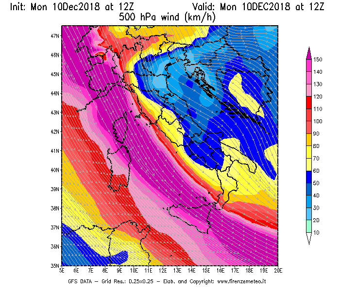 Mappa di analisi GFS - Velocità del vento a 500 hPa [km/h] in Italia
									del 10/12/2018 12 <!--googleoff: index-->UTC<!--googleon: index-->
