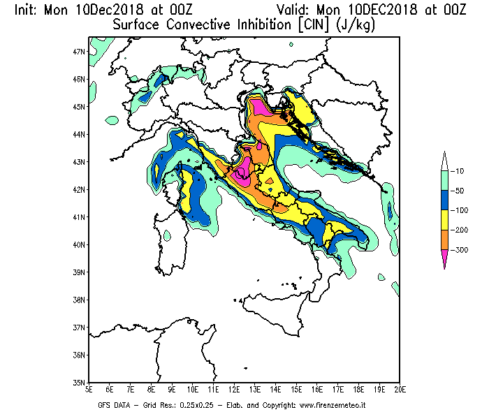 Mappa di analisi GFS - CIN [J/kg] in Italia
									del 10/12/2018 00 <!--googleoff: index-->UTC<!--googleon: index-->