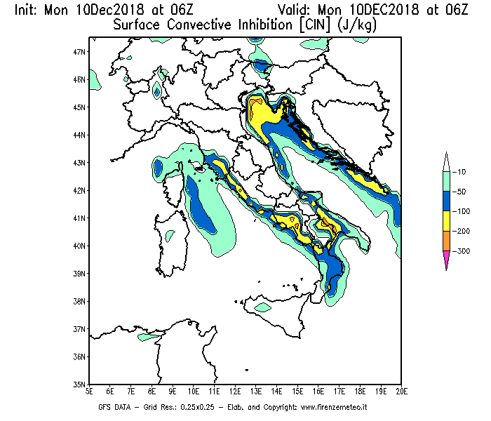 Mappa di analisi GFS - CIN [J/kg] in Italia
							del 10/12/2018 06 <!--googleoff: index-->UTC<!--googleon: index-->