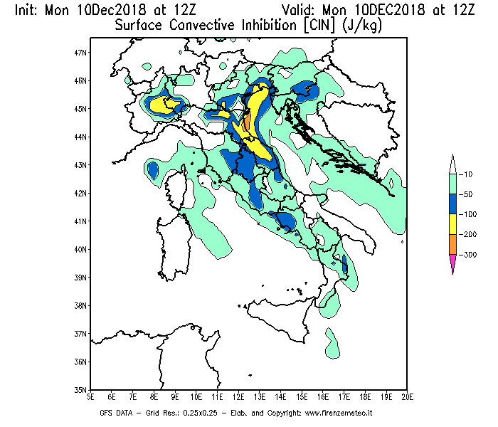 Mappa di analisi GFS - CIN [J/kg] in Italia
									del 10/12/2018 12 <!--googleoff: index-->UTC<!--googleon: index-->