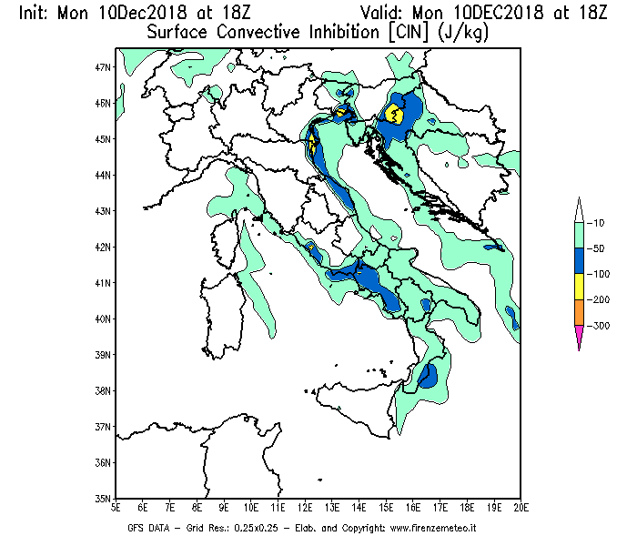 Mappa di analisi GFS - CIN [J/kg] in Italia
									del 10/12/2018 18 <!--googleoff: index-->UTC<!--googleon: index-->