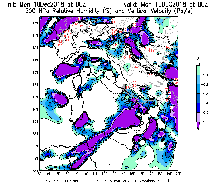 Mappa di analisi GFS - Umidità relativa [%] e Omega [Pa/s] a 500 hPa in Italia
									del 10/12/2018 00 <!--googleoff: index-->UTC<!--googleon: index-->