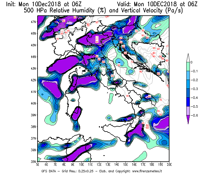 Mappa di analisi GFS - Umidità relativa [%] e Omega [Pa/s] a 500 hPa in Italia
							del 10/12/2018 06 <!--googleoff: index-->UTC<!--googleon: index-->