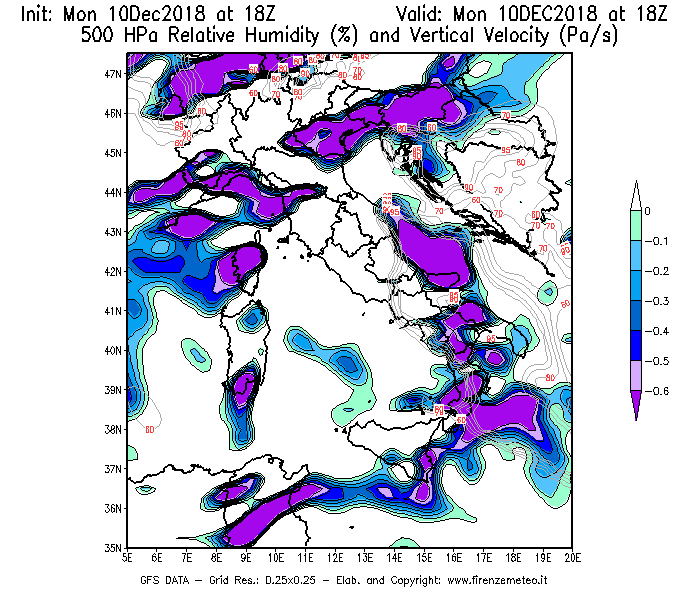 Mappa di analisi GFS - Umidità relativa [%] e Omega [Pa/s] a 500 hPa in Italia
									del 10/12/2018 18 <!--googleoff: index-->UTC<!--googleon: index-->