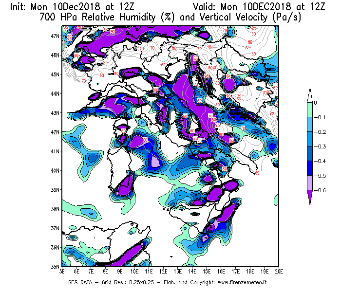 Mappa di analisi GFS - Umidità relativa [%] e Omega [Pa/s] a 700 hPa in Italia
							del 10/12/2018 12 <!--googleoff: index-->UTC<!--googleon: index-->