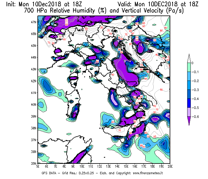 Mappa di analisi GFS - Umidità relativa [%] e Omega [Pa/s] a 700 hPa in Italia
							del 10/12/2018 18 <!--googleoff: index-->UTC<!--googleon: index-->