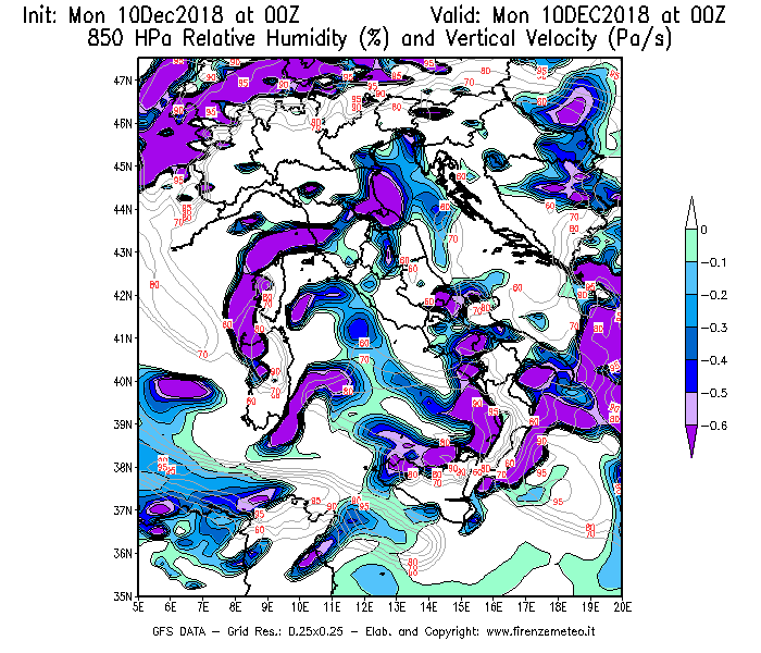 Mappa di analisi GFS - Umidità relativa [%] e Omega [Pa/s] a 850 hPa in Italia
									del 10/12/2018 00 <!--googleoff: index-->UTC<!--googleon: index-->