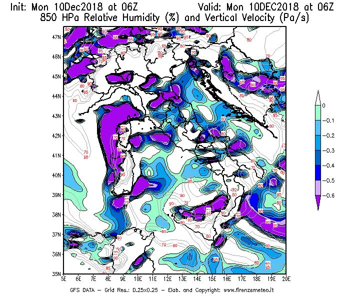 Mappa di analisi GFS - Umidità relativa [%] e Omega [Pa/s] a 850 hPa in Italia
							del 10/12/2018 06 <!--googleoff: index-->UTC<!--googleon: index-->
