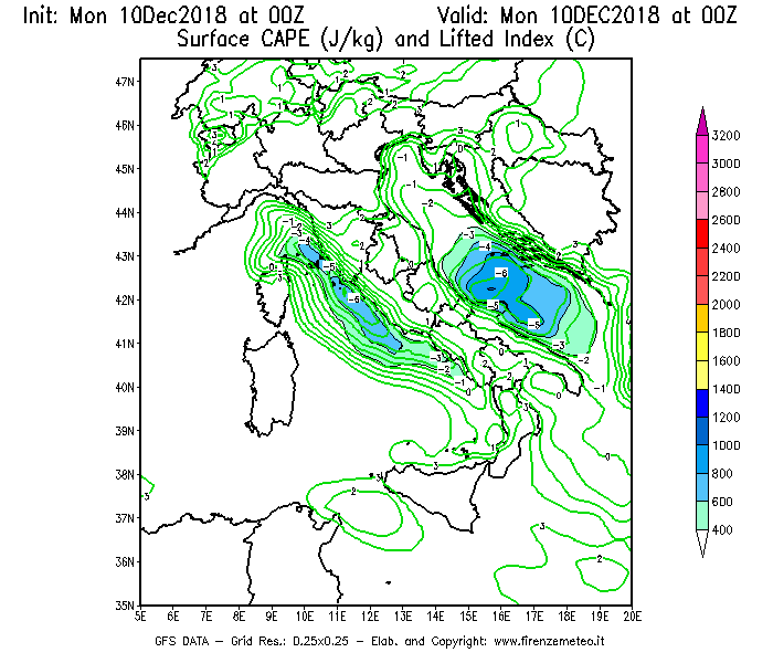 Mappa di analisi GFS - CAPE [J/kg] e Lifted Index [°C] in Italia
									del 10/12/2018 00 <!--googleoff: index-->UTC<!--googleon: index-->