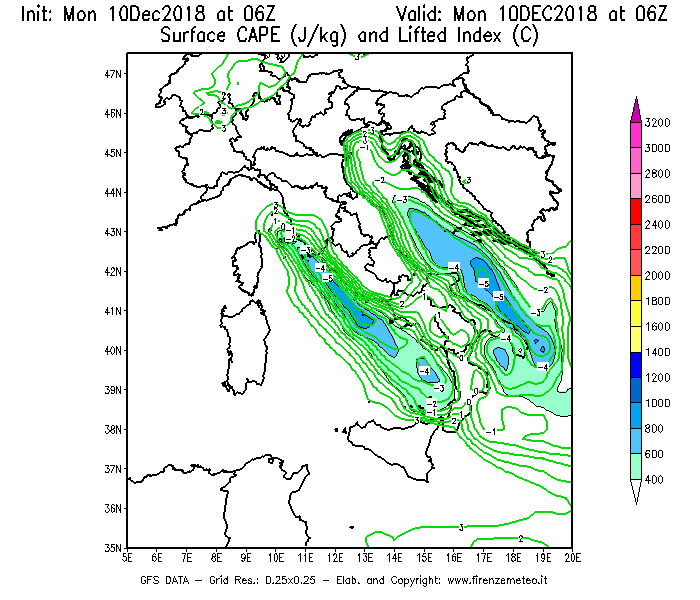 Mappa di analisi GFS - CAPE [J/kg] e Lifted Index [°C] in Italia
							del 10/12/2018 06 <!--googleoff: index-->UTC<!--googleon: index-->