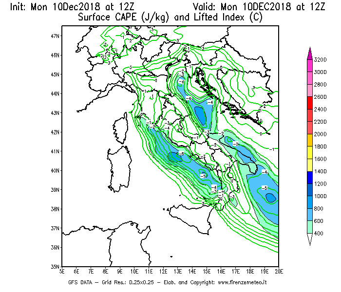 Mappa di analisi GFS - CAPE [J/kg] e Lifted Index [°C] in Italia
									del 10/12/2018 12 <!--googleoff: index-->UTC<!--googleon: index-->