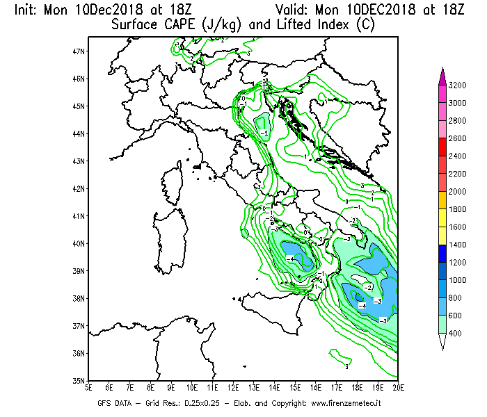Mappa di analisi GFS - CAPE [J/kg] e Lifted Index [°C] in Italia
									del 10/12/2018 18 <!--googleoff: index-->UTC<!--googleon: index-->
