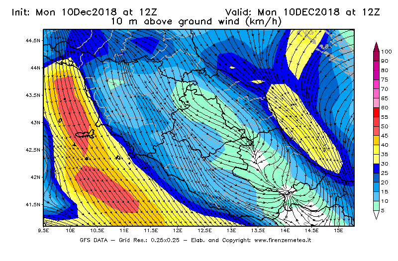 Mappa di analisi GFS - Velocità del vento a 10 metri dal suolo [km/h] in Centro-Italia
							del 10/12/2018 12 <!--googleoff: index-->UTC<!--googleon: index-->