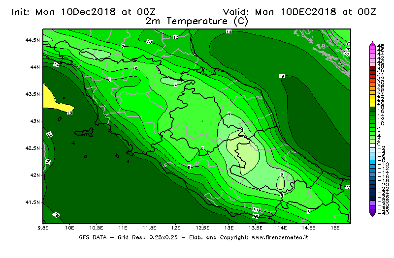 Mappa di analisi GFS - Temperatura a 2 metri dal suolo [°C] in Centro-Italia
							del 10/12/2018 00 <!--googleoff: index-->UTC<!--googleon: index-->