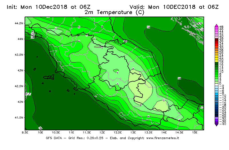 Mappa di analisi GFS - Temperatura a 2 metri dal suolo [°C] in Centro-Italia
									del 10/12/2018 06 <!--googleoff: index-->UTC<!--googleon: index-->