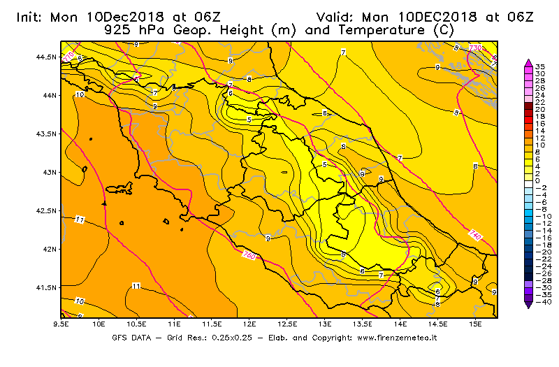 Mappa di analisi GFS - Geopotenziale [m] e Temperatura [°C] a 925 hPa in Centro-Italia
							del 10/12/2018 06 <!--googleoff: index-->UTC<!--googleon: index-->