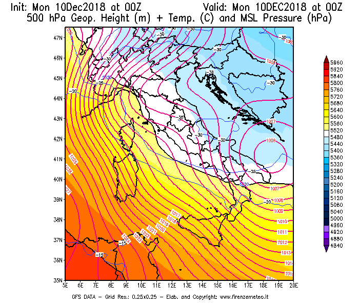 Mappa di analisi GFS - Geopotenziale [m] + Temp. [°C] a 500 hPa + Press. a livello del mare [hPa] in Italia
							del 10/12/2018 00 <!--googleoff: index-->UTC<!--googleon: index-->