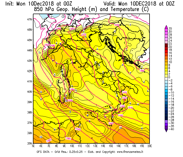 Mappa di analisi GFS - Geopotenziale [m] e Temperatura [°C] a 850 hPa in Italia
							del 10/12/2018 00 <!--googleoff: index-->UTC<!--googleon: index-->