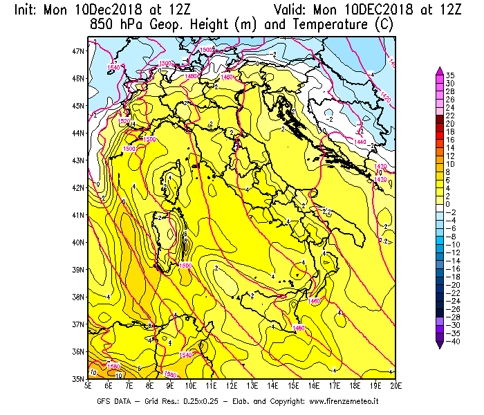 Mappa di analisi GFS - Geopotenziale [m] e Temperatura [°C] a 850 hPa in Italia
									del 10/12/2018 12 <!--googleoff: index-->UTC<!--googleon: index-->