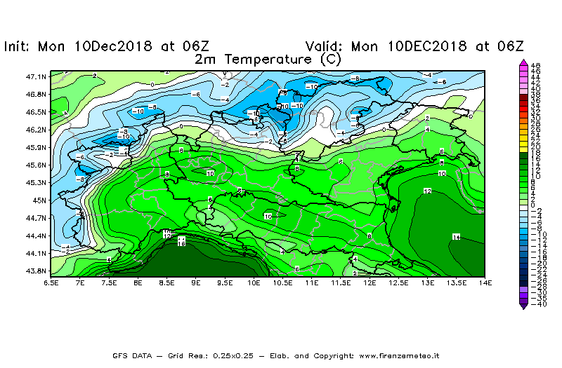 Mappa di analisi GFS - Temperatura a 2 metri dal suolo [°C] in Nord-Italia
									del 10/12/2018 06 <!--googleoff: index-->UTC<!--googleon: index-->