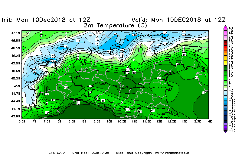 Mappa di analisi GFS - Temperatura a 2 metri dal suolo [°C] in Nord-Italia
									del 10/12/2018 12 <!--googleoff: index-->UTC<!--googleon: index-->