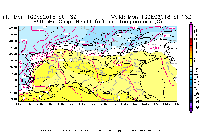 Mappa di analisi GFS - Geopotenziale [m] e Temperatura [°C] a 850 hPa in Nord-Italia
							del 10/12/2018 18 <!--googleoff: index-->UTC<!--googleon: index-->