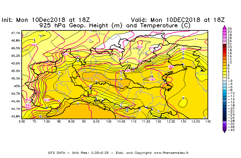 Mappa di analisi GFS - Geopotenziale [m] e Temperatura [°C] a 925 hPa in Nord-Italia
									del 10/12/2018 18 <!--googleoff: index-->UTC<!--googleon: index-->