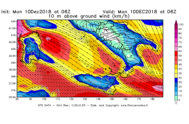 Mappa di analisi GFS - Velocità del vento a 10 metri dal suolo [km/h] in Sud-Italia
							del 10/12/2018 06 <!--googleoff: index-->UTC<!--googleon: index-->