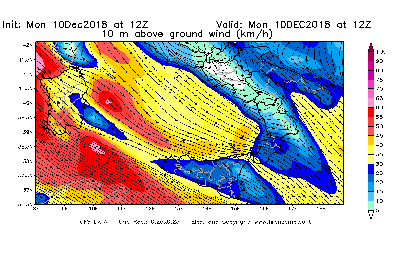 Mappa di analisi GFS - Velocità del vento a 10 metri dal suolo [km/h] in Sud-Italia
							del 10/12/2018 12 <!--googleoff: index-->UTC<!--googleon: index-->