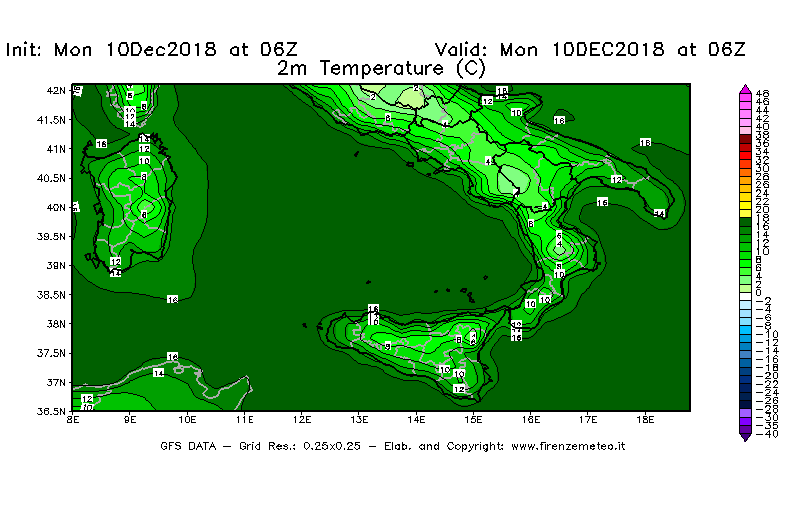 Mappa di analisi GFS - Temperatura a 2 metri dal suolo [°C] in Sud-Italia
									del 10/12/2018 06 <!--googleoff: index-->UTC<!--googleon: index-->