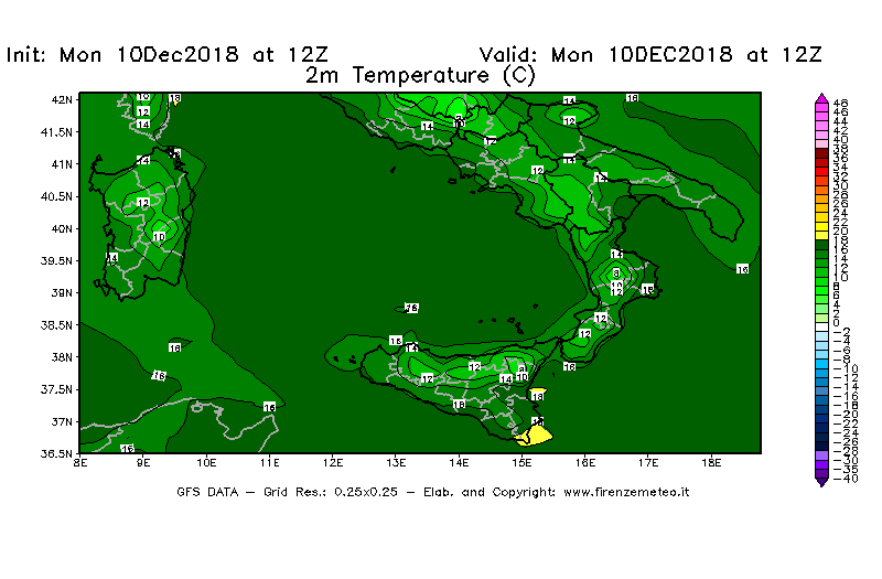 Mappa di analisi GFS - Temperatura a 2 metri dal suolo [°C] in Sud-Italia
									del 10/12/2018 12 <!--googleoff: index-->UTC<!--googleon: index-->