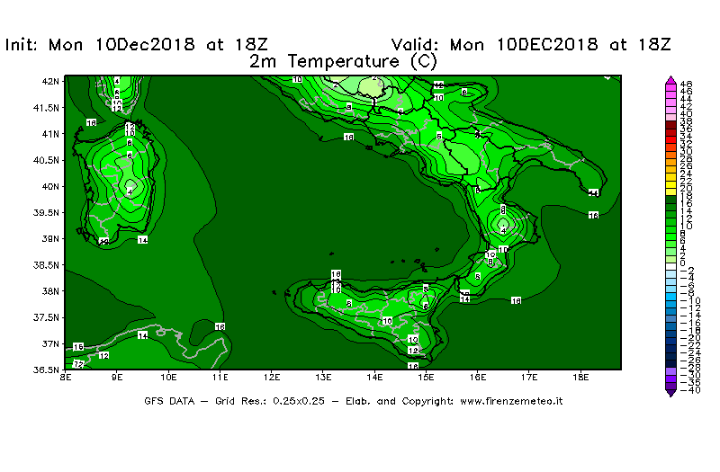 Mappa di analisi GFS - Temperatura a 2 metri dal suolo [°C] in Sud-Italia
									del 10/12/2018 18 <!--googleoff: index-->UTC<!--googleon: index-->