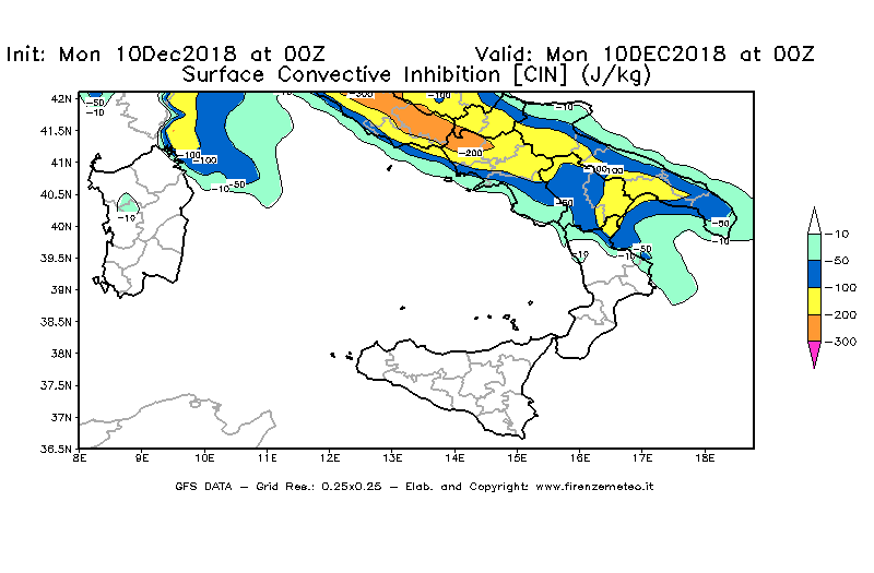 Mappa di analisi GFS - CIN [J/kg] in Sud-Italia
							del 10/12/2018 00 <!--googleoff: index-->UTC<!--googleon: index-->