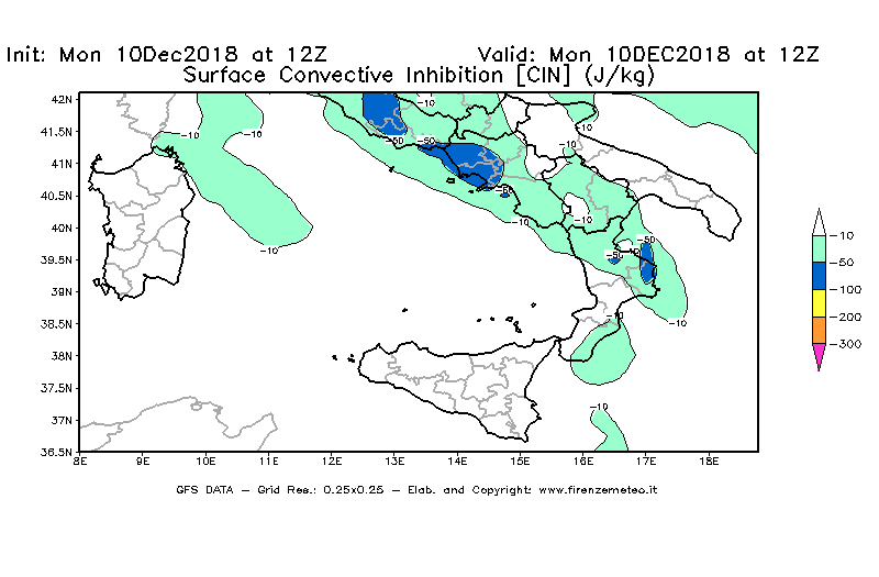 Mappa di analisi GFS - CIN [J/kg] in Sud-Italia
									del 10/12/2018 12 <!--googleoff: index-->UTC<!--googleon: index-->