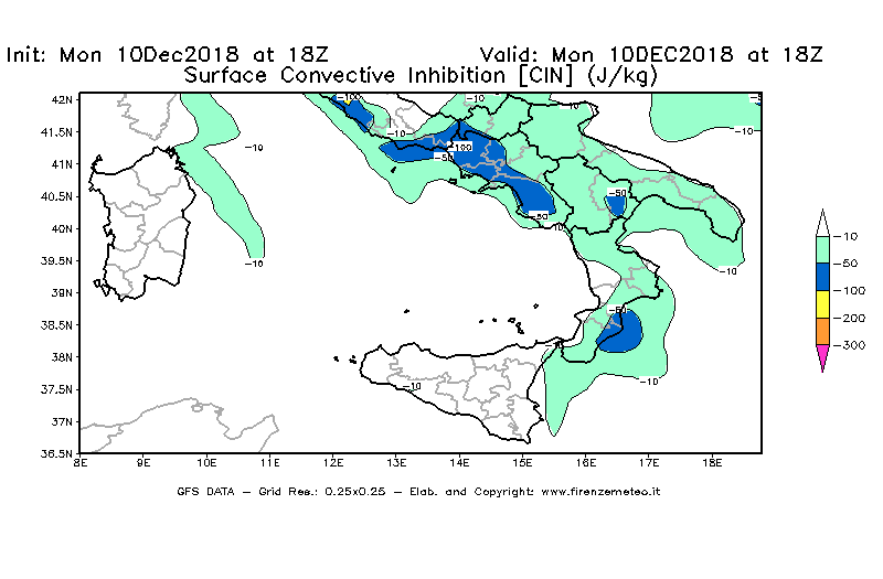 Mappa di analisi GFS - CIN [J/kg] in Sud-Italia
									del 10/12/2018 18 <!--googleoff: index-->UTC<!--googleon: index-->