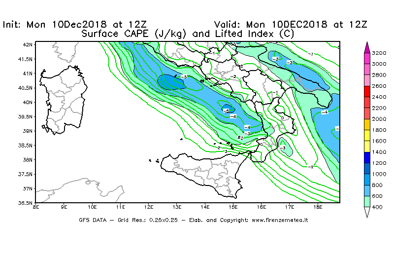 Mappa di analisi GFS - CAPE [J/kg] e Lifted Index [°C] in Sud-Italia
							del 10/12/2018 12 <!--googleoff: index-->UTC<!--googleon: index-->