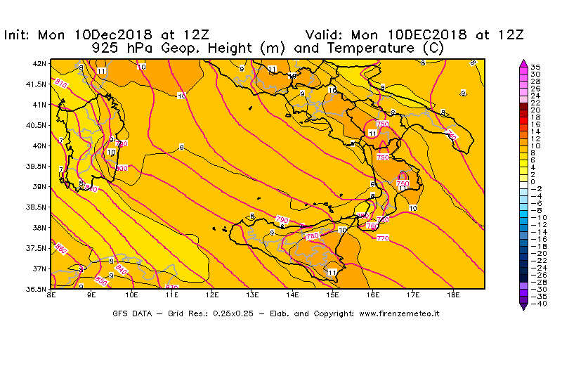 Mappa di analisi GFS - Geopotenziale [m] e Temperatura [°C] a 925 hPa in Sud-Italia
							del 10/12/2018 12 <!--googleoff: index-->UTC<!--googleon: index-->