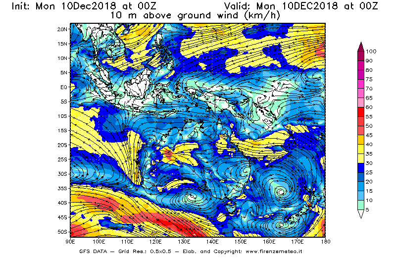 Mappa di analisi GFS - Velocità del vento a 10 metri dal suolo [km/h] in Oceania
									del 10/12/2018 00 <!--googleoff: index-->UTC<!--googleon: index-->