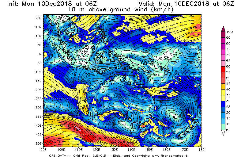 Mappa di analisi GFS - Velocità del vento a 10 metri dal suolo [km/h] in Oceania
									del 10/12/2018 06 <!--googleoff: index-->UTC<!--googleon: index-->