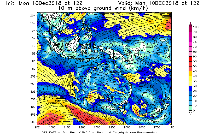 Mappa di analisi GFS - Velocità del vento a 10 metri dal suolo [km/h] in Oceania
									del 10/12/2018 12 <!--googleoff: index-->UTC<!--googleon: index-->