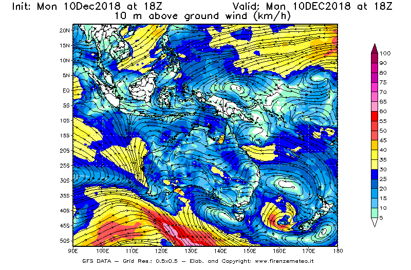 Mappa di analisi GFS - Velocità del vento a 10 metri dal suolo [km/h] in Oceania
							del 10/12/2018 18 <!--googleoff: index-->UTC<!--googleon: index-->