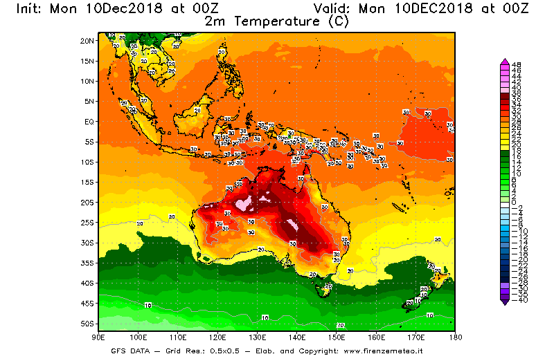 Mappa di analisi GFS - Temperatura a 2 metri dal suolo [°C] in Oceania
									del 10/12/2018 00 <!--googleoff: index-->UTC<!--googleon: index-->