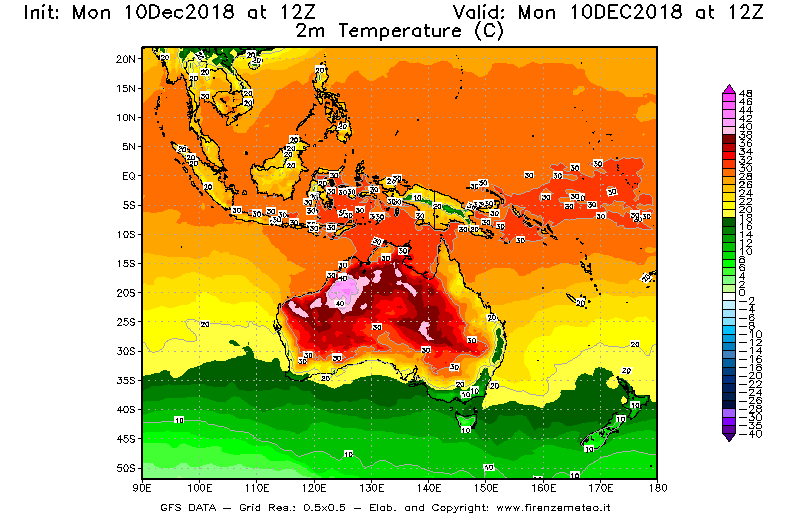 Mappa di analisi GFS - Temperatura a 2 metri dal suolo [°C] in Oceania
							del 10/12/2018 12 <!--googleoff: index-->UTC<!--googleon: index-->