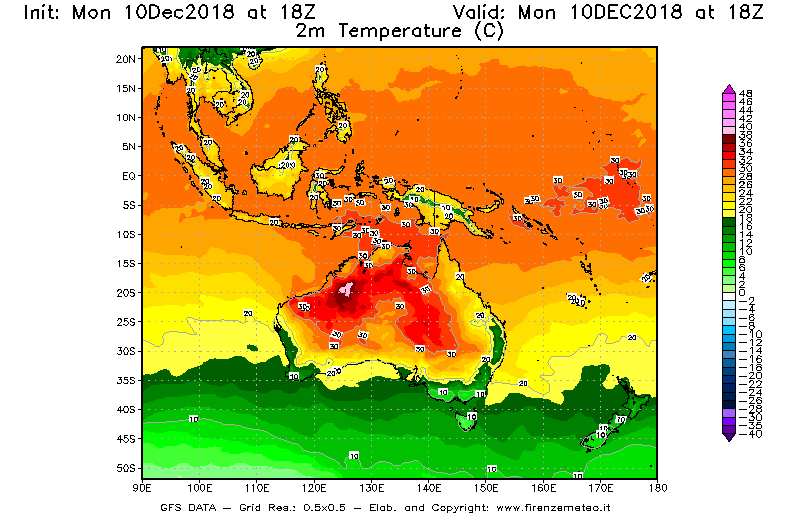 Mappa di analisi GFS - Temperatura a 2 metri dal suolo [°C] in Oceania
							del 10/12/2018 18 <!--googleoff: index-->UTC<!--googleon: index-->
